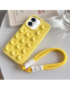 Cover iPhone 16 Silicone Rosa con Cordino Giallo