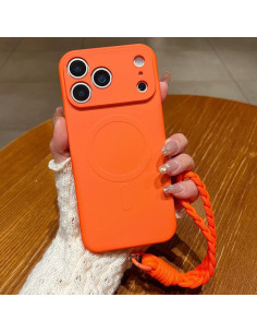 Cover iPhone 17 Pro Silicone Liquido Nero con Laccio Arancione