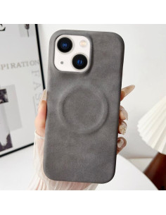 Cover iPhone 14 PU Leather Marrone con Tasca Carte Grigio