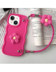 Cover iPhone 14 TPU Floreale con Cordino Rosa Rose