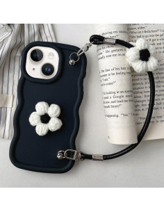 Cover iPhone 14 TPU Floreale con Cordino Rosa Nero