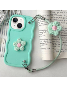 Cover iPhone 14 TPU Floreale con Cordino Rosa Verde