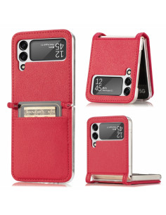 Cover Galaxy Z Flip3 5G Pelle Litchi Antiurto Nero Rosso