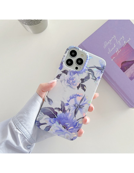 Cover iPhone 13 Pro Max Marmo Nero TPU Blu flowers | Melacompro