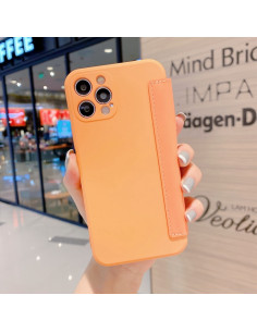 Cover iPhone 12 Silicone Liquido Flip con Slot Carte Arancione