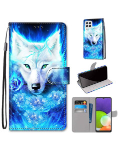 Cover Galaxy A22 4G Pelle PU Lupo Colorato Flip